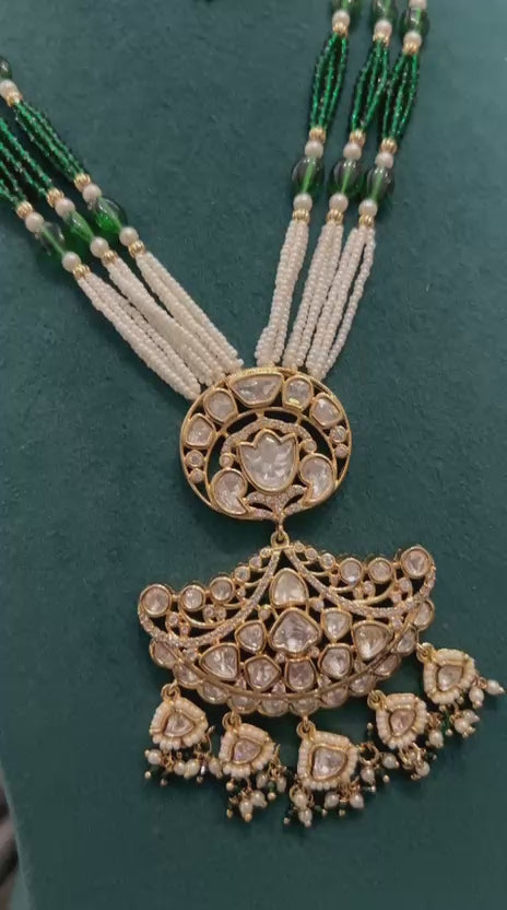 Royal Polki Kundan Bridal Necklace Set – Green & White Beaded Design